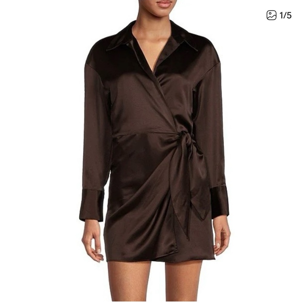 NWT Gianni Bini Chocolate Brown Long Sleeve Collar Satin Wrap Dress Size 4 Small